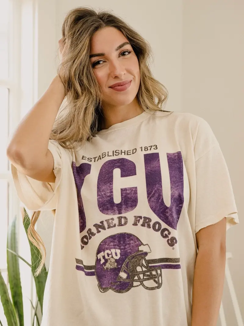 Tcu Horned Frogs Established Date Helmet Off White Thrifted Tee 1