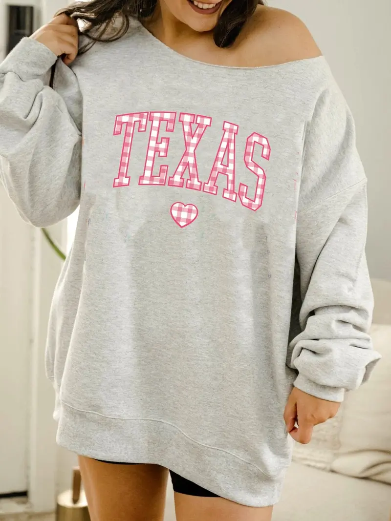 Texas Heart Gingham Print Gray Flashdance Sweatshirt 1