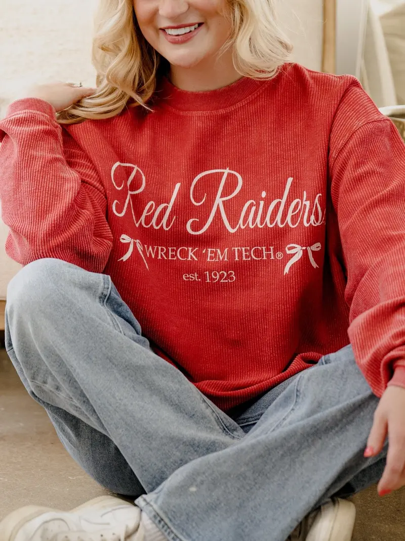 Texas Tech Established Bows Red Corded Crew Sweatshirt 1