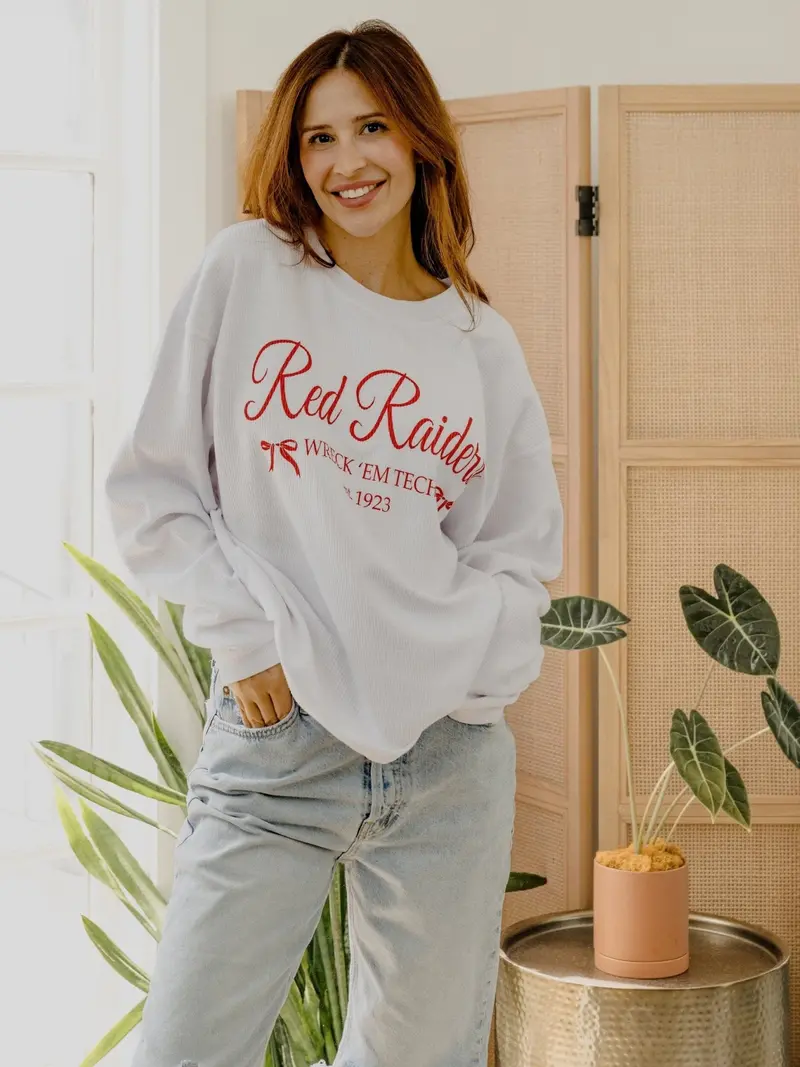 Texas Tech Established Bows White Corded Crew Sweatshirt 1