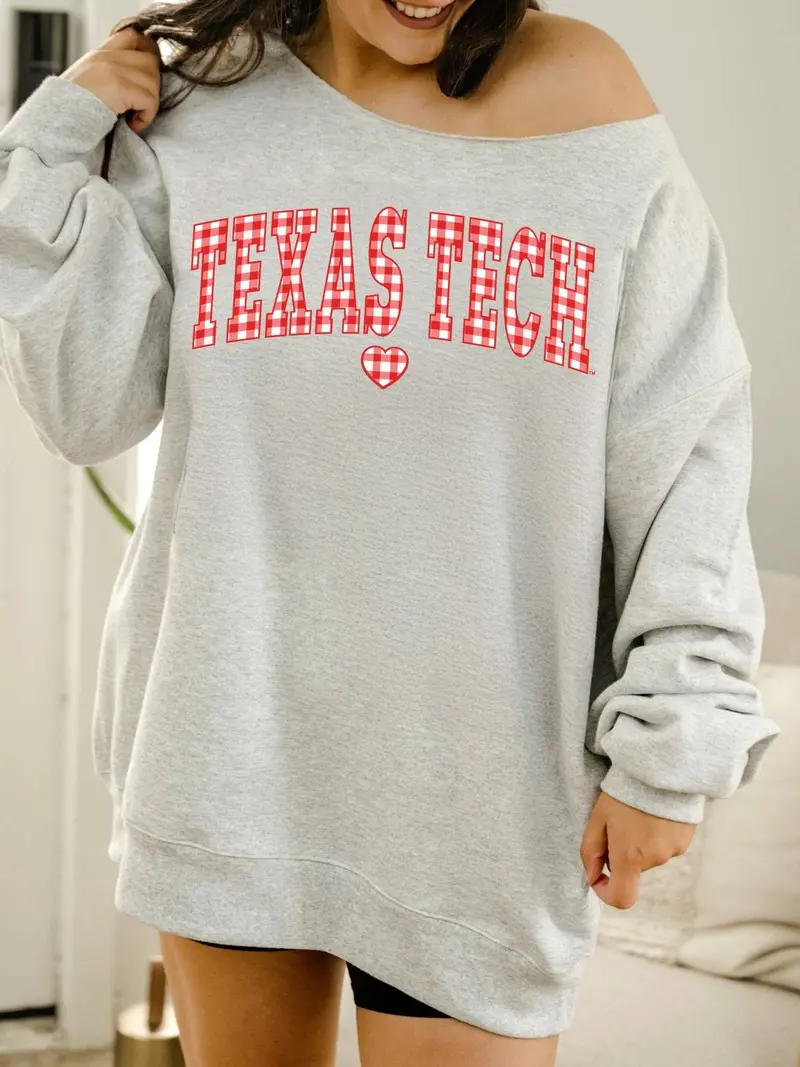 Texas Tech Gingham Heart Ash Gray Flashdance Sweatshirt 1