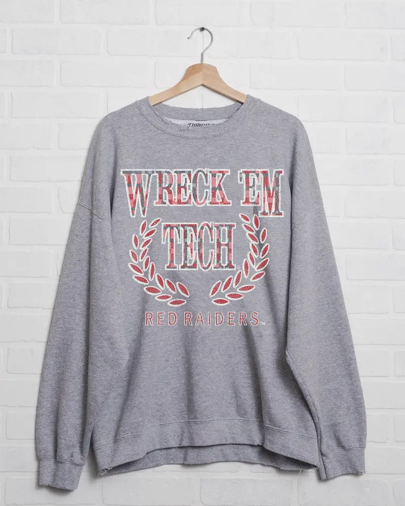Texas Tech Plaid Crest Gray Thrifted Sweatshirt 1