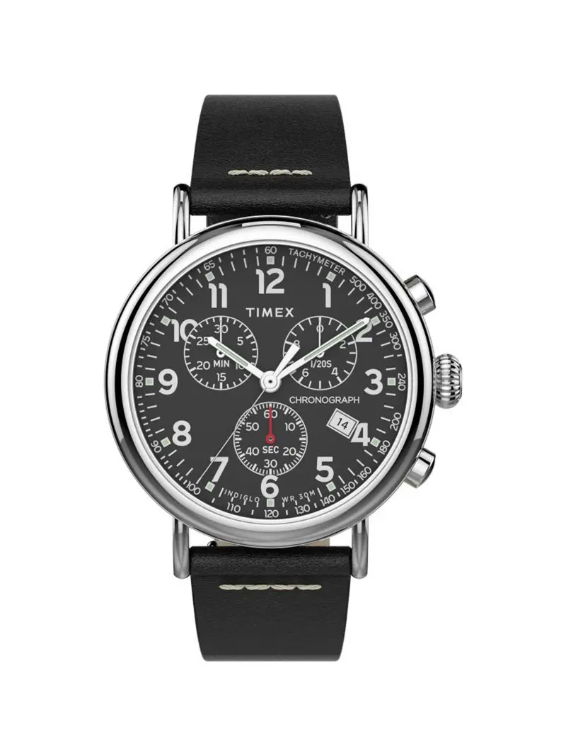 Timex Standard Chrono Tw2t69100 41Mm Silver Tone Black Leather Strap 1