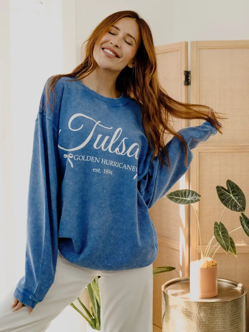 Tu Established Bows Blue Corded Crew Sweatshirt 1