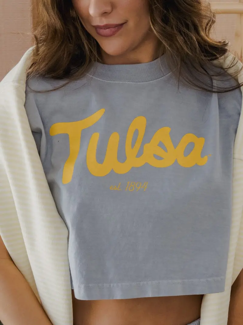 Tu Golden Hurricane Bold Script Denim Blue Heavyweight Cropped Tee 1