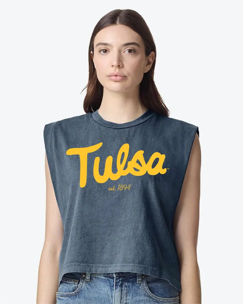Tu Golden Hurricane Bold Script Faded Navy Muscle Tank 1