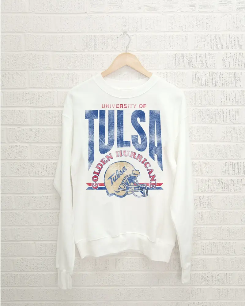 Tulsa Hurricane Established Date Helmet White Thrifted Sweatshirt 1