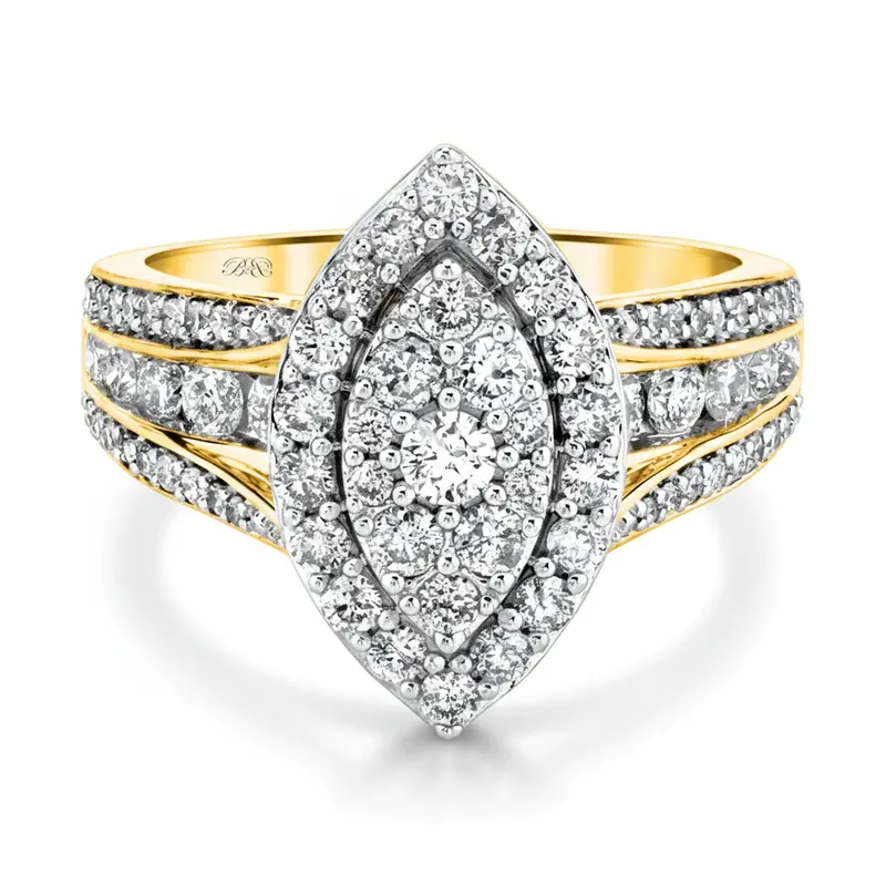 Two Hearts® Frosted Marquise Cluster Round Diamond Engagement Ring 1