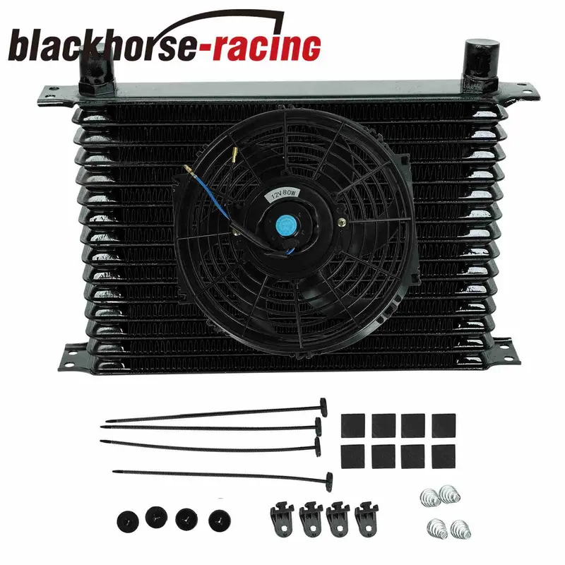Universal 15 Row Aluminum Transmission Oil Cooler + 10" Cooling Radiator Fan Kit 1