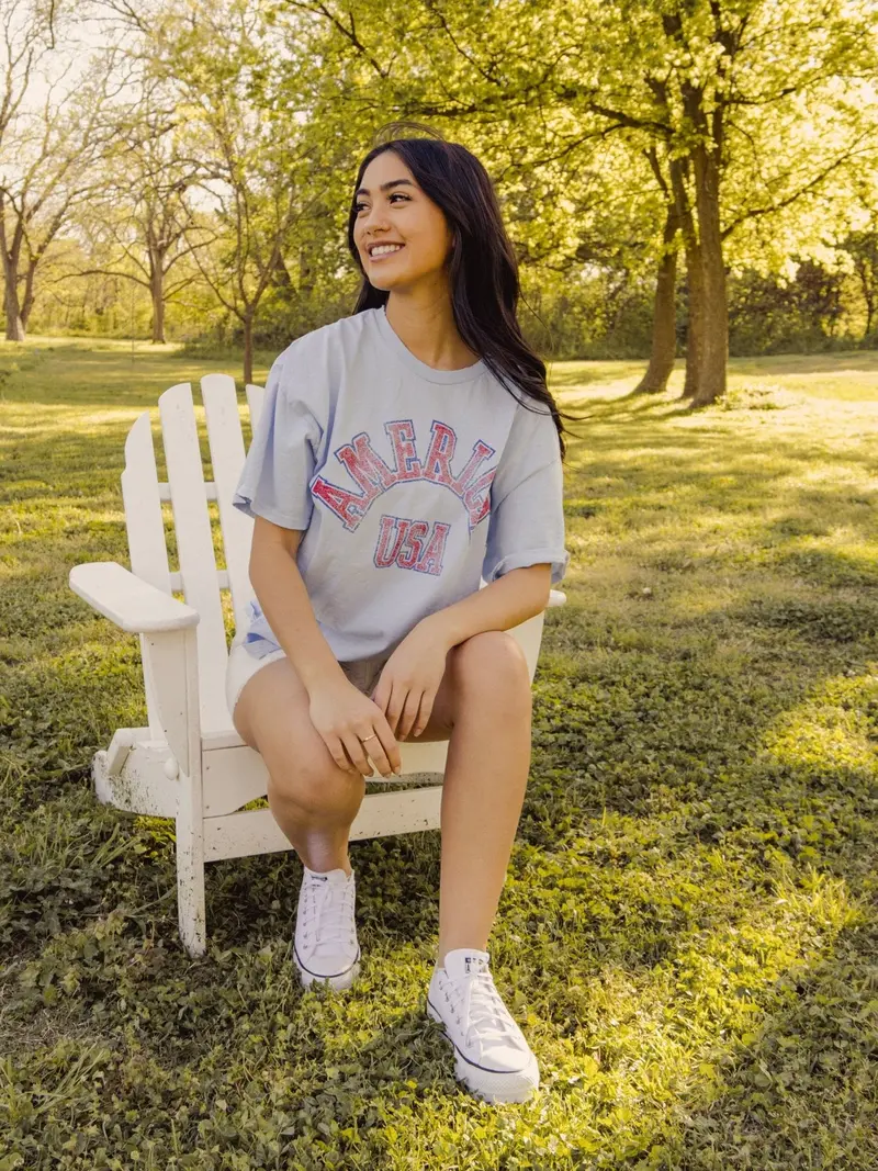 Usa Mega Arch Light Blue Thrifted Tee 1