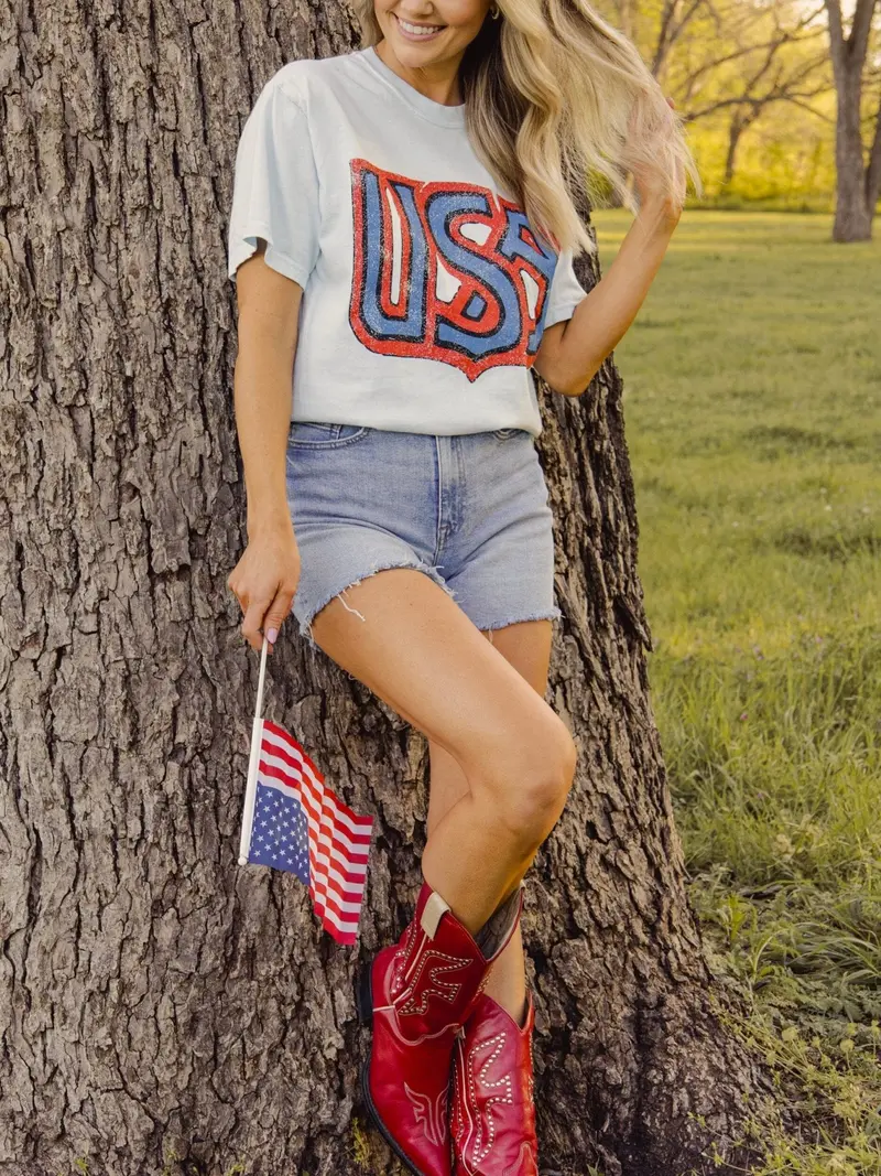 Usa Monogram Chambray Blue Tee 1