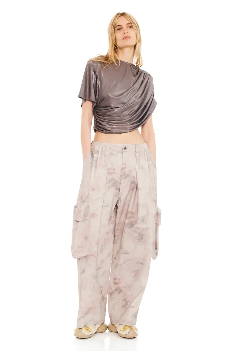 Washed Beige Watercolor Roses Pleated Cargo Pant 1
