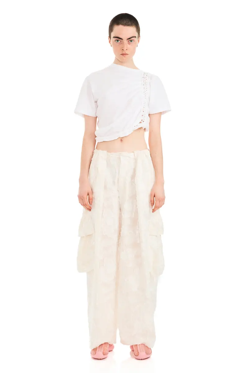 White Jacquard Pleated Cargo Pant 1