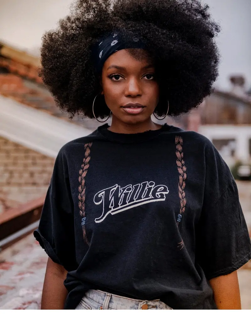 Willie Nelson Braids Black Thrifted Tee 1