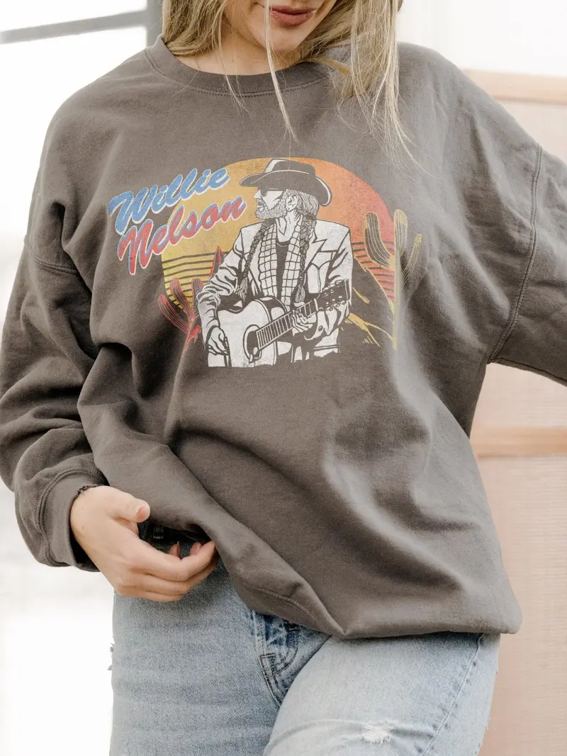 Willie Nelson Guitar Sunset Charcoal Thrifted Sweatshirt 1
