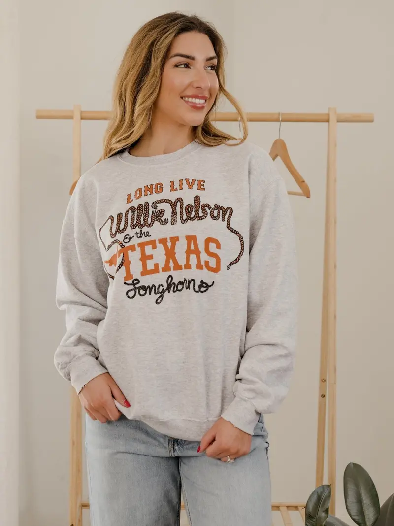 Willie Nelson Long Live Willie & The Texas Longhorns Ash Gray Thrifted Sweatshirt 1