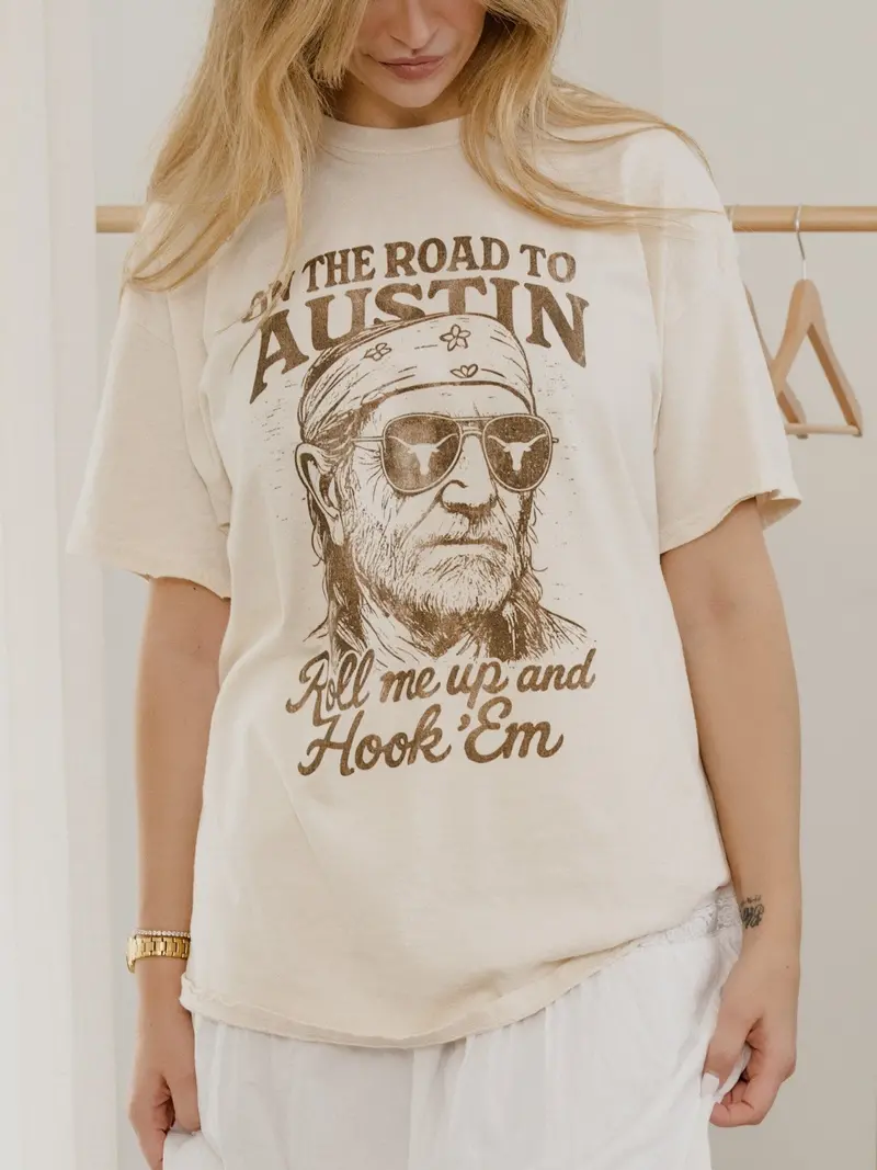 Willie Nelson Roll Me Up & Hook Em Off White Thrifted Tee 1