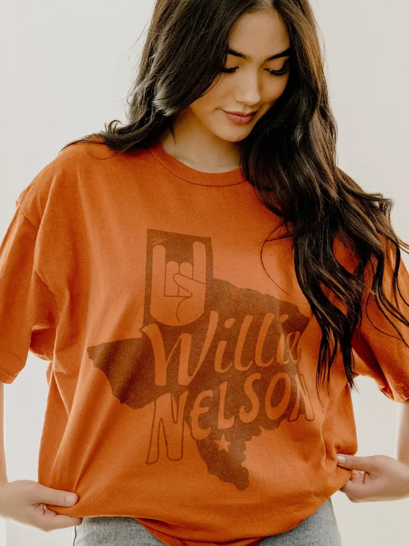 Willie Nelson Ut Hook 'Em Horns Hand Sign Orange Thrifted Tee 1