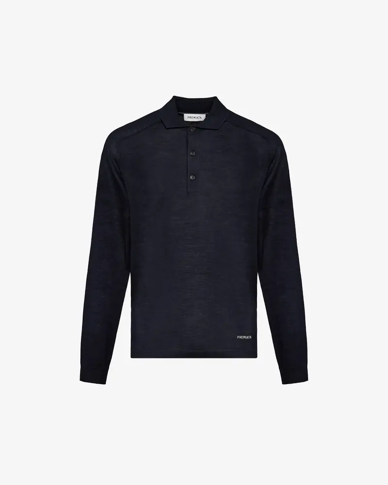 Wool And Silk Long Sleeve Polo Shirt Blue 1