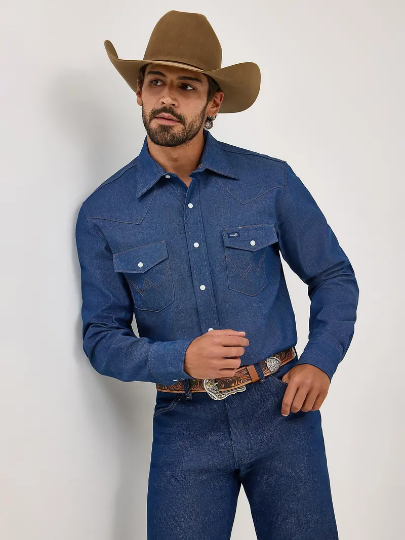 Wrangler Men's Cowboy Cut Firm Finish Denim Western Snap Work Shirt 1
