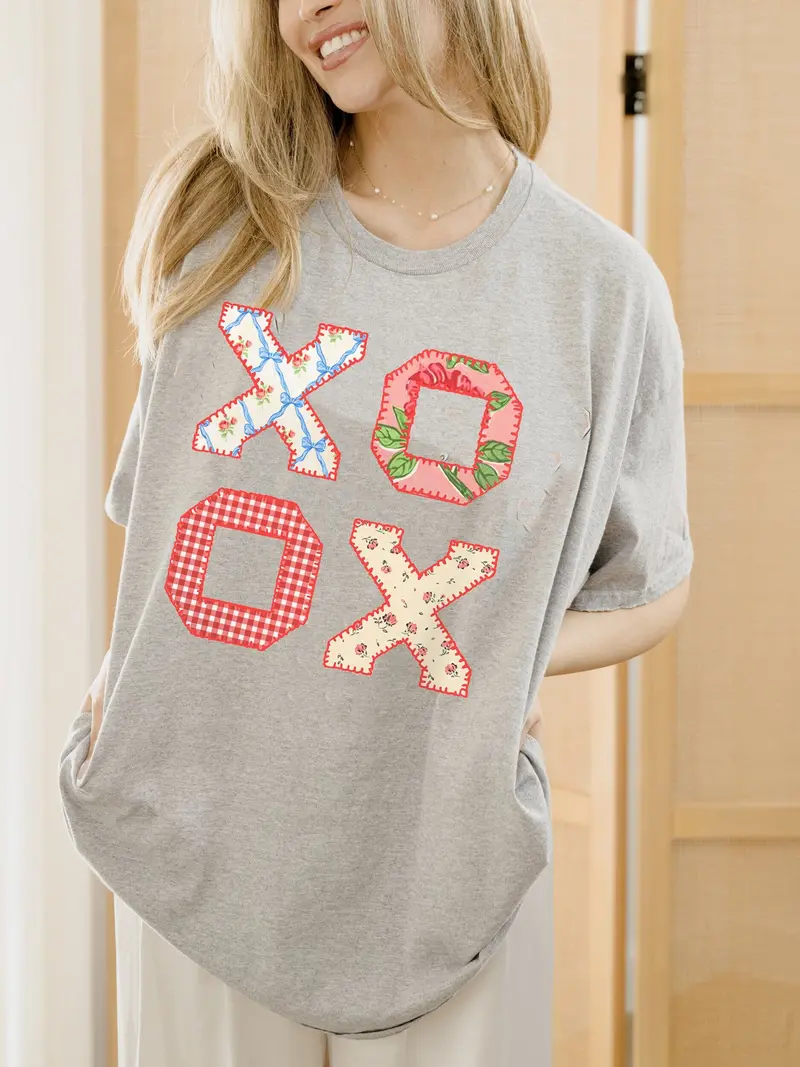 Xoxo Quilt Print Gray Thrifted Tee 1
