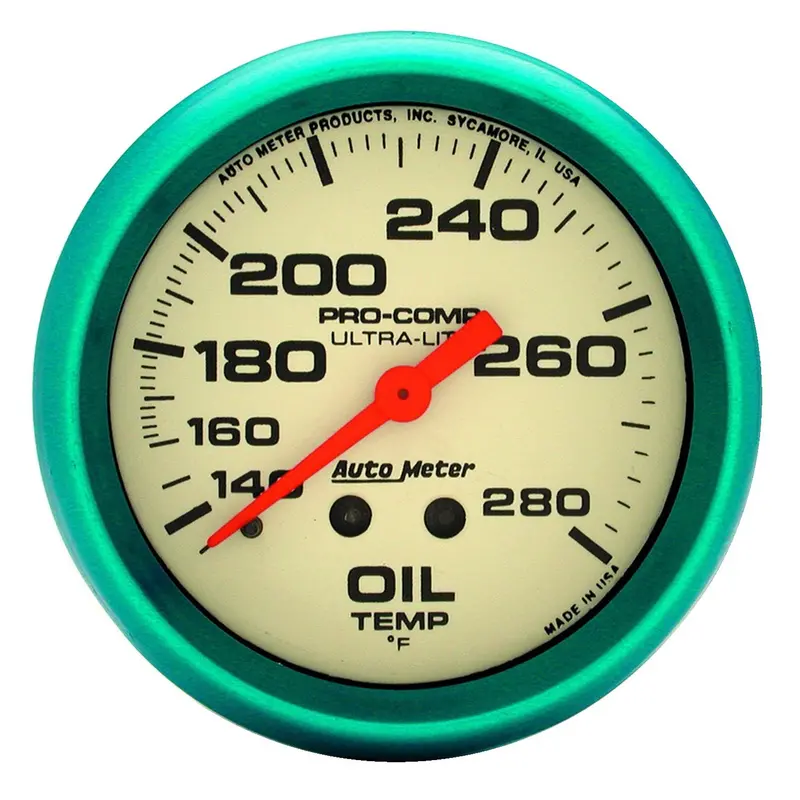 Autometer 4541 Mechanical Oil Temperature Gauge — 2 5/8", 140–280°F, Glow-In-The-Dark Ultra-Nite Dial 1